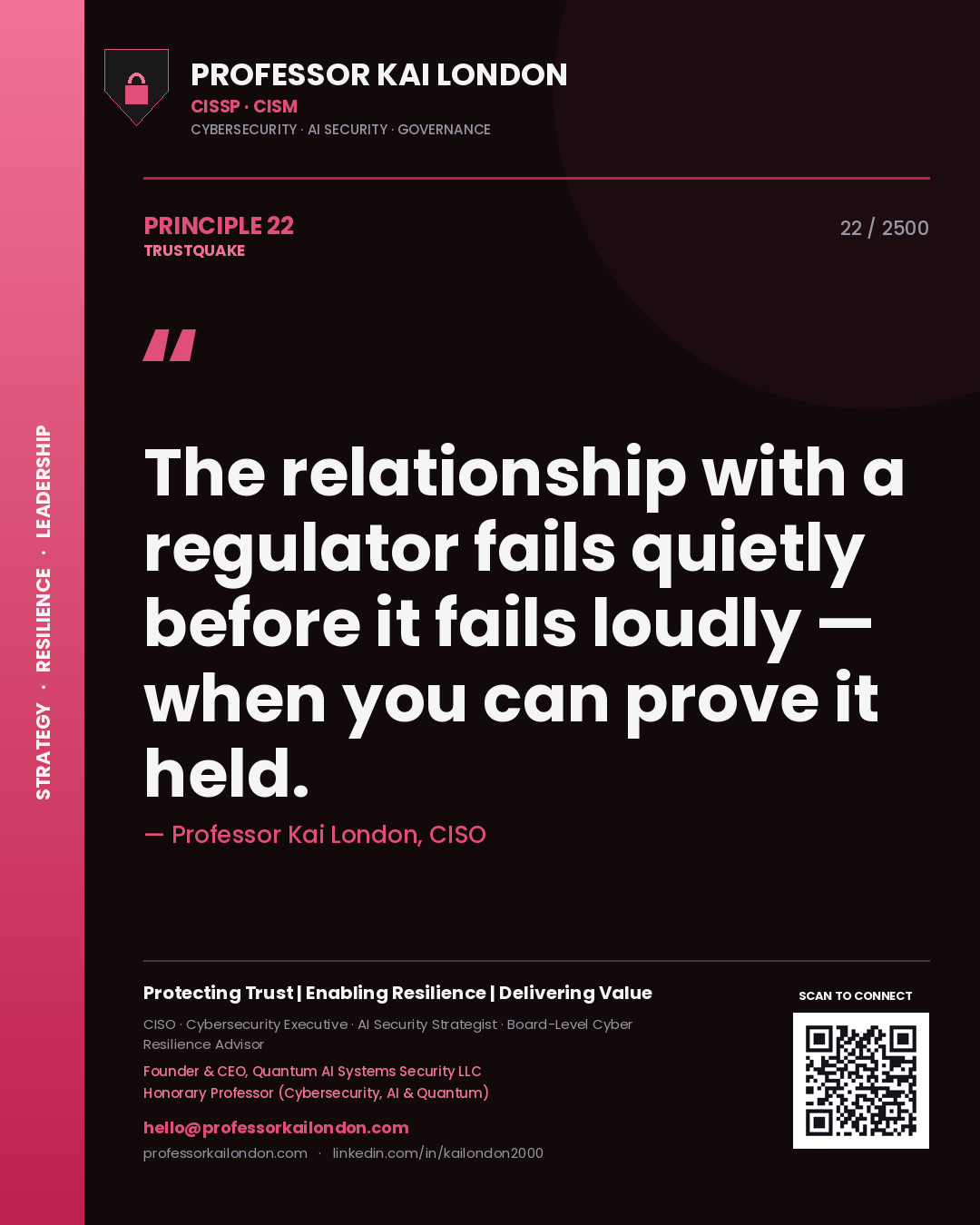 Quote card by Professor Kai London reading 'The relationship with a regulator fails quietly before it fails loudly — when you can prove it held.'. From the book Trustquake.