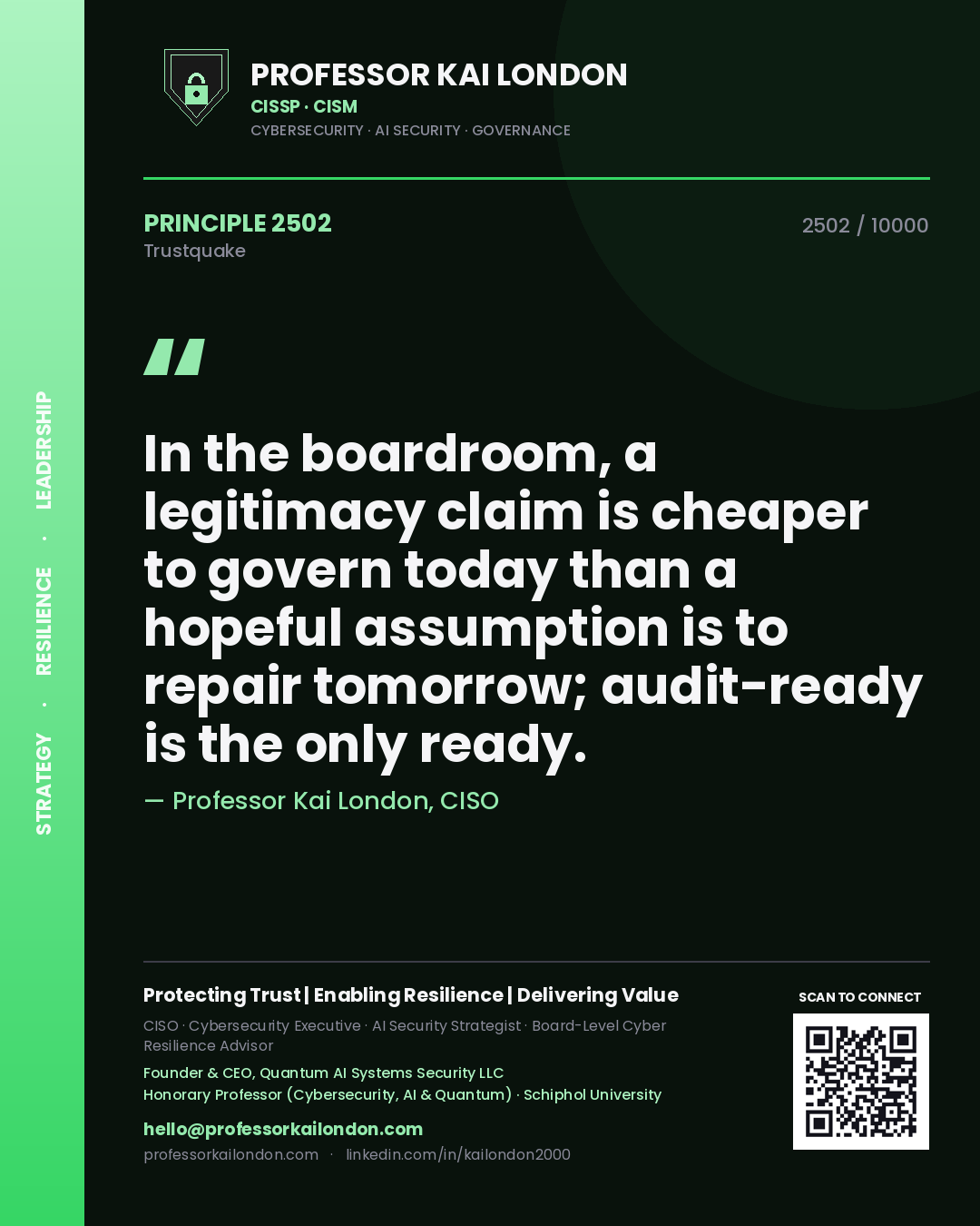 Quote card by Professor Kai London reading 'In the boardroom, a legitimacy claim is cheaper to govern today than a hopeful assumption is to repair tomorrow; audit-ready is the only ready.'. From the book Trustquake.