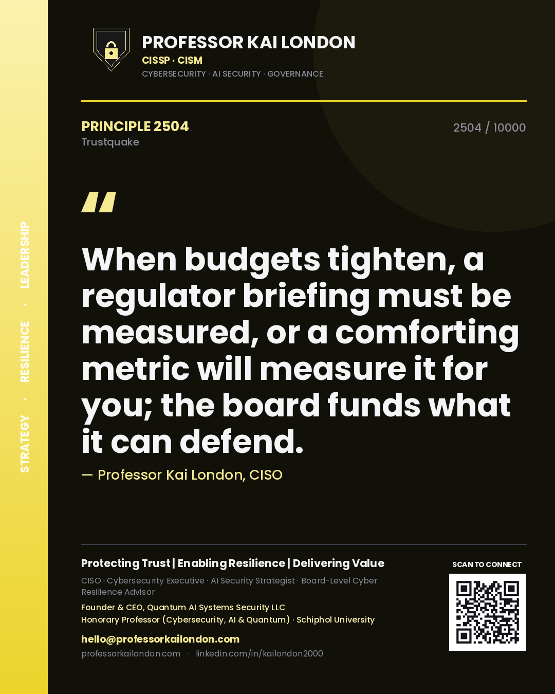 Quote card by Professor Kai London reading 'When budgets tighten, a regulator briefing must be measured, or a comforting metric will measure it for you; the board funds what it can defend.'. From the book Trustquake.