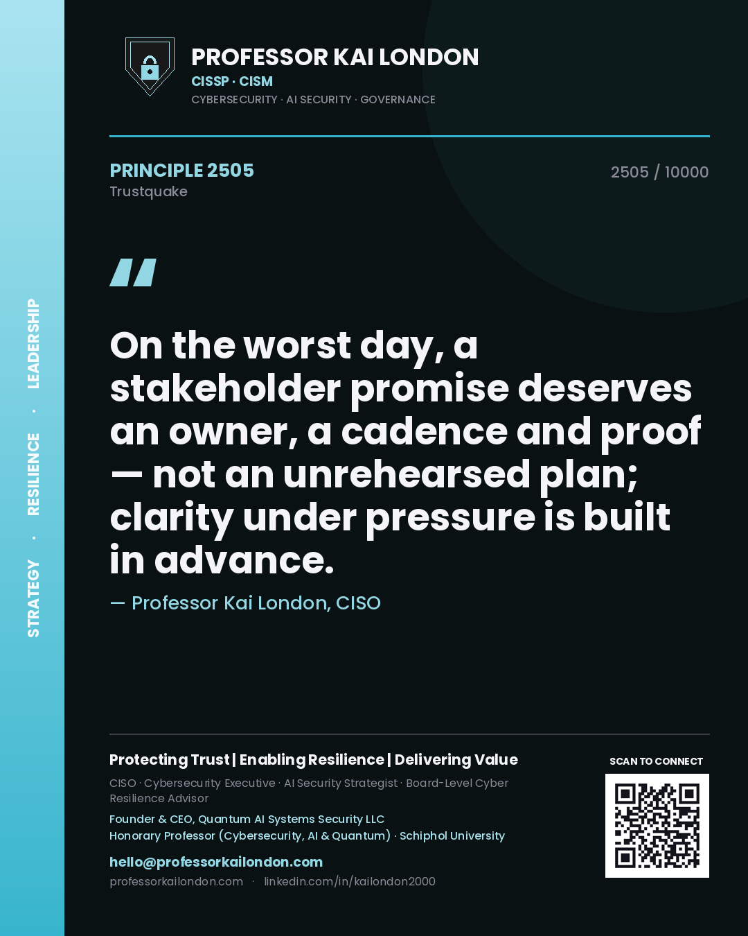 Quote card by Professor Kai London reading 'On the worst day, a stakeholder promise deserves an owner, a cadence and proof — not an unrehearsed plan; clarity under pressure is built in advance.'. From the book Trustquake.