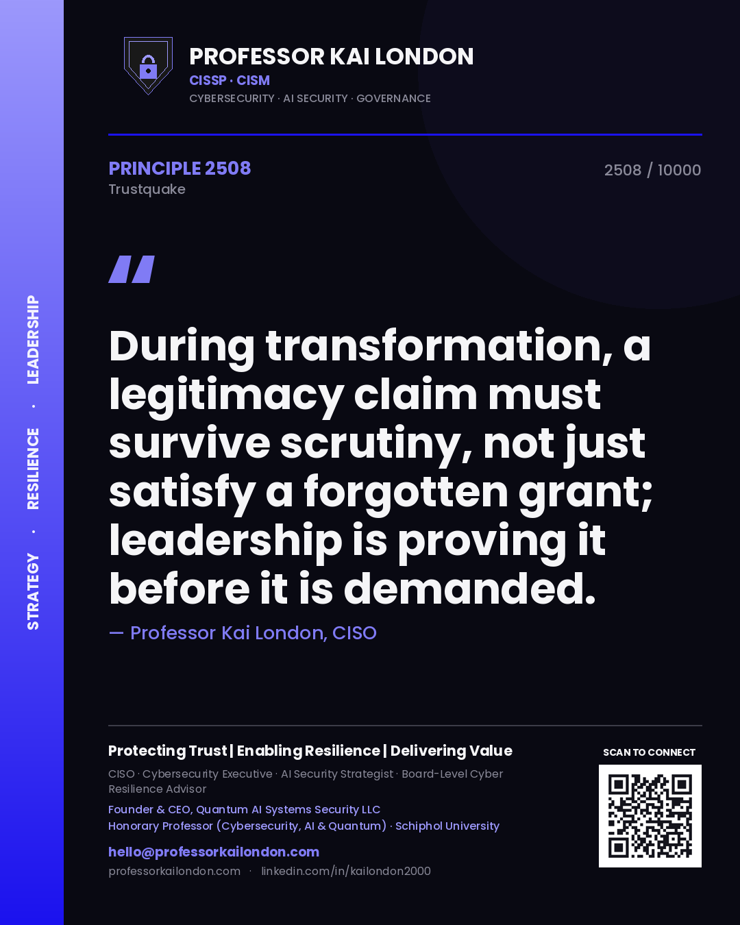 Professor Kai London principle 2508: During transformation, a legitimacy claim must survive scrutiny, not just satisfy a forgotten grant; leadership is proving it before it is demanded.