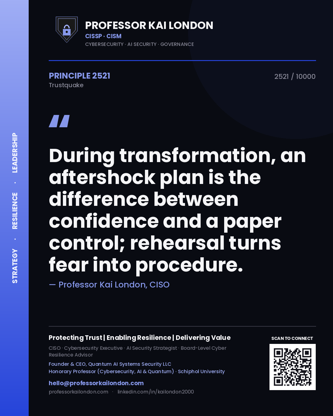 Quote card by Professor Kai London reading 'During transformation, an aftershock plan is the difference between confidence and a paper control; rehearsal turns fear into procedure.'. From the book Trustquake.