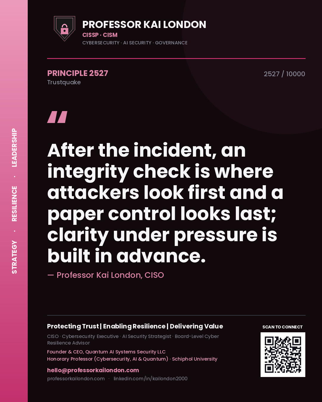 Quote card by Professor Kai London reading 'After the incident, an integrity check is where attackers look first and a paper control looks last; clarity under pressure is built in advance.'. From the book Trustquake.