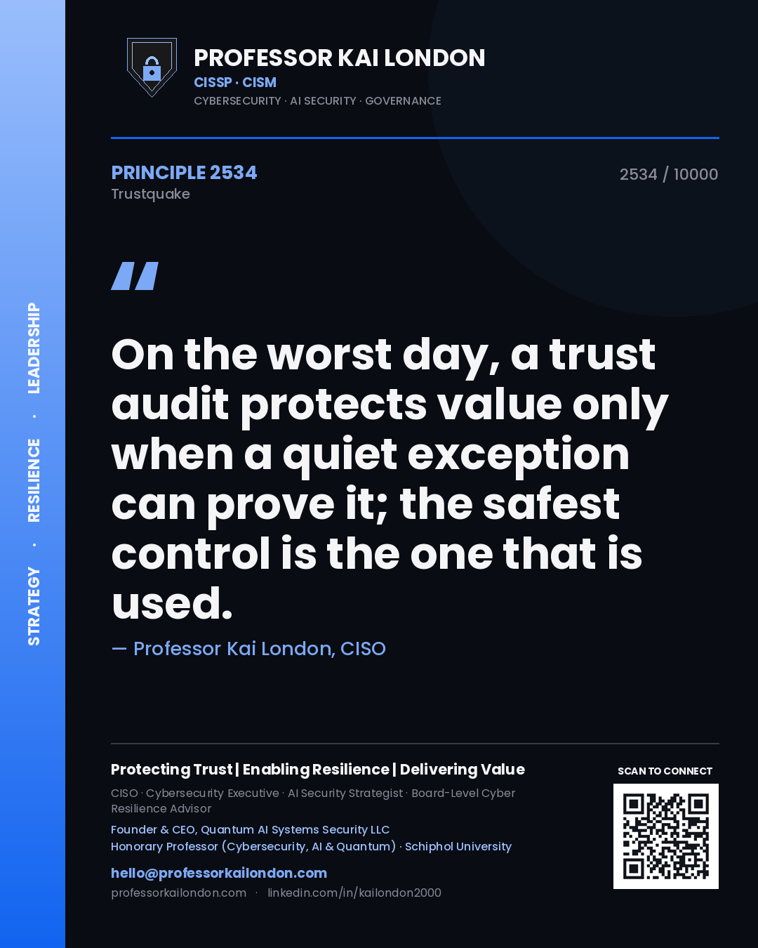 Professor Kai London principle 2534: On the worst day, a trust audit protects value only when a quiet exception can prove it; the safest control is the one that is used.