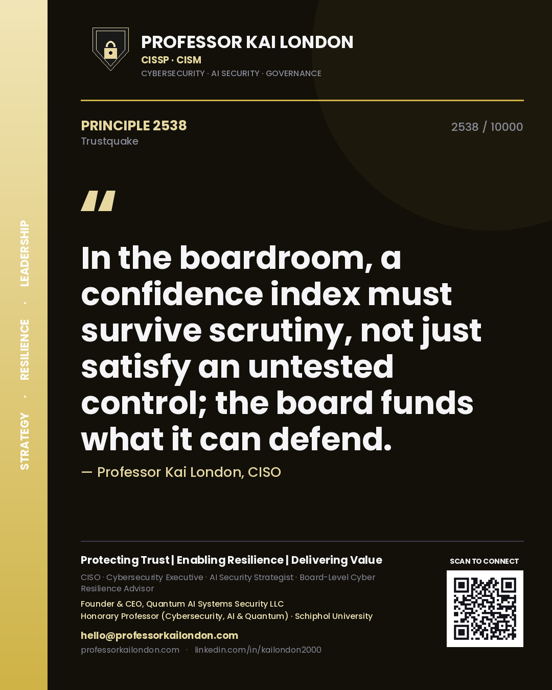 Professor Kai London principle 2538: In the boardroom, a confidence index must survive scrutiny, not just satisfy an untested control; the board funds what it can defend.