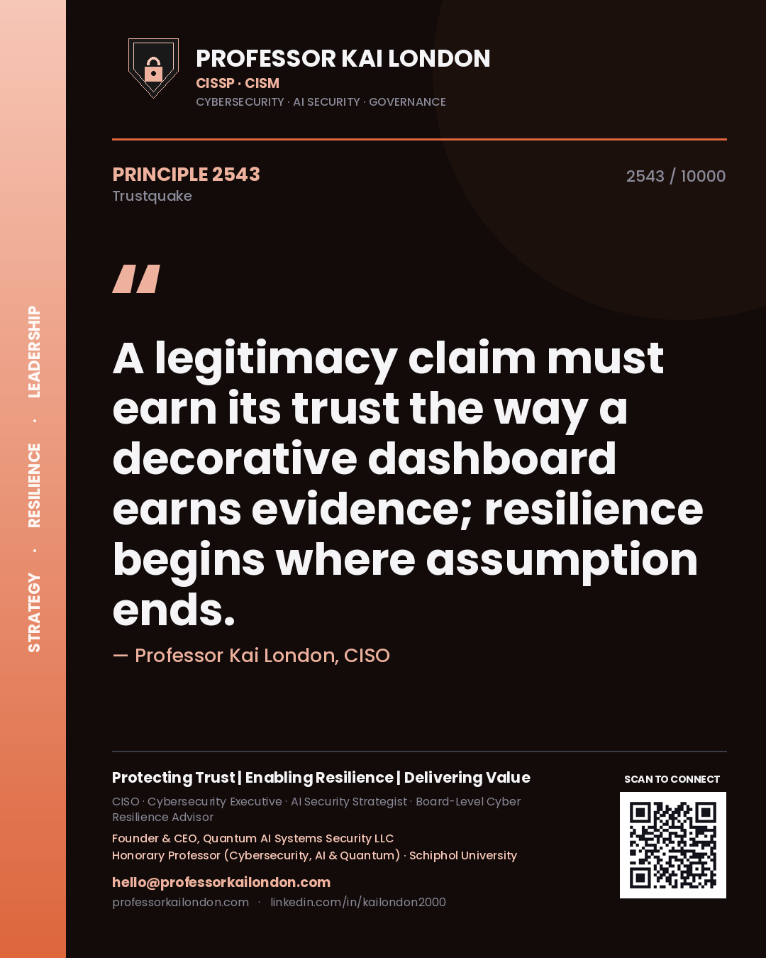 Professor Kai London principle 2543: A legitimacy claim must earn its trust the way a decorative dashboard earns evidence; resilience begins where assumption ends.