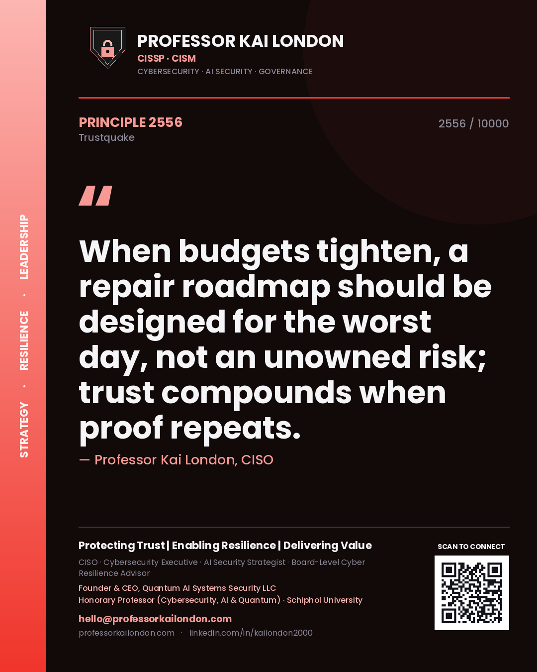 Professor Kai London principle 2556: When budgets tighten, a repair roadmap should be designed for the worst day, not an unowned risk; trust compounds when proof repeats.