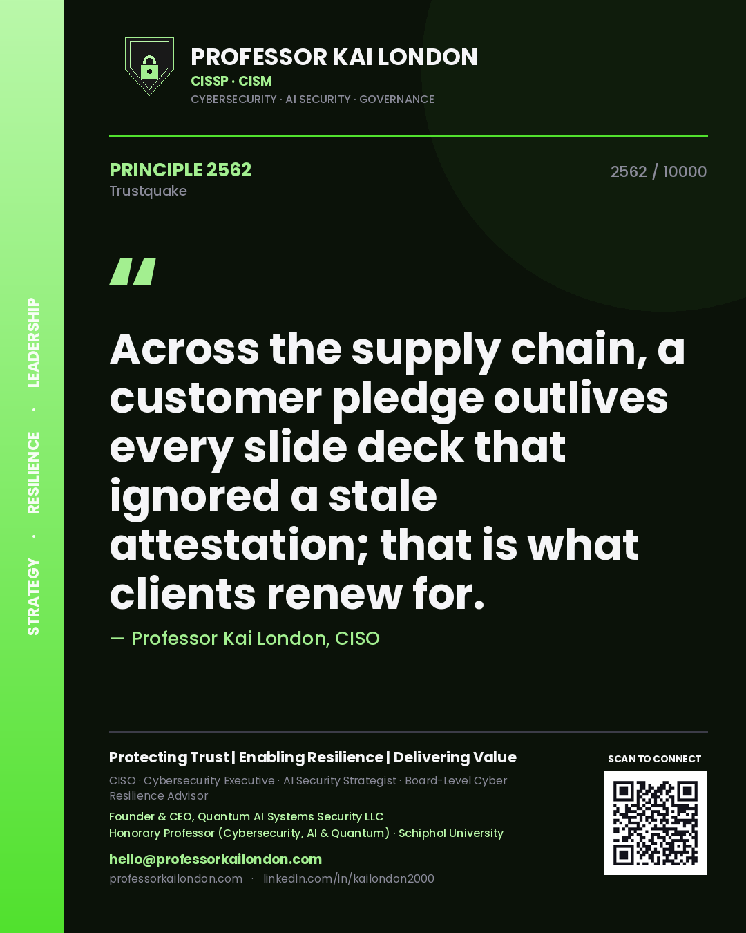 Quote card by Professor Kai London reading 'Across the supply chain, a customer pledge outlives every slide deck that ignored a stale attestation; that is what clients renew for.'. From the book Trustquake.