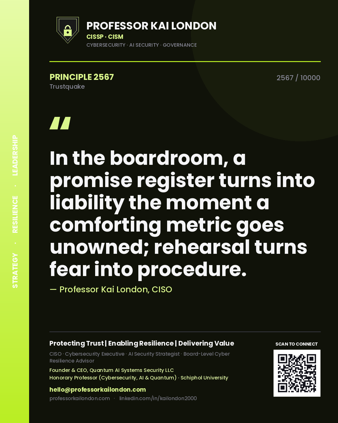 Professor Kai London principle 2567: In the boardroom, a promise register turns into liability the moment a comforting metric goes unowned; rehearsal turns fear into procedure.