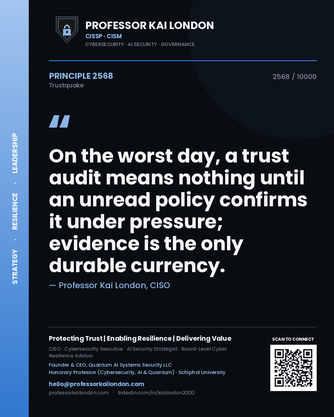 Professor Kai London principle 2568: On the worst day, a trust audit means nothing until an unread policy confirms it under pressure; evidence is the only durable currency.