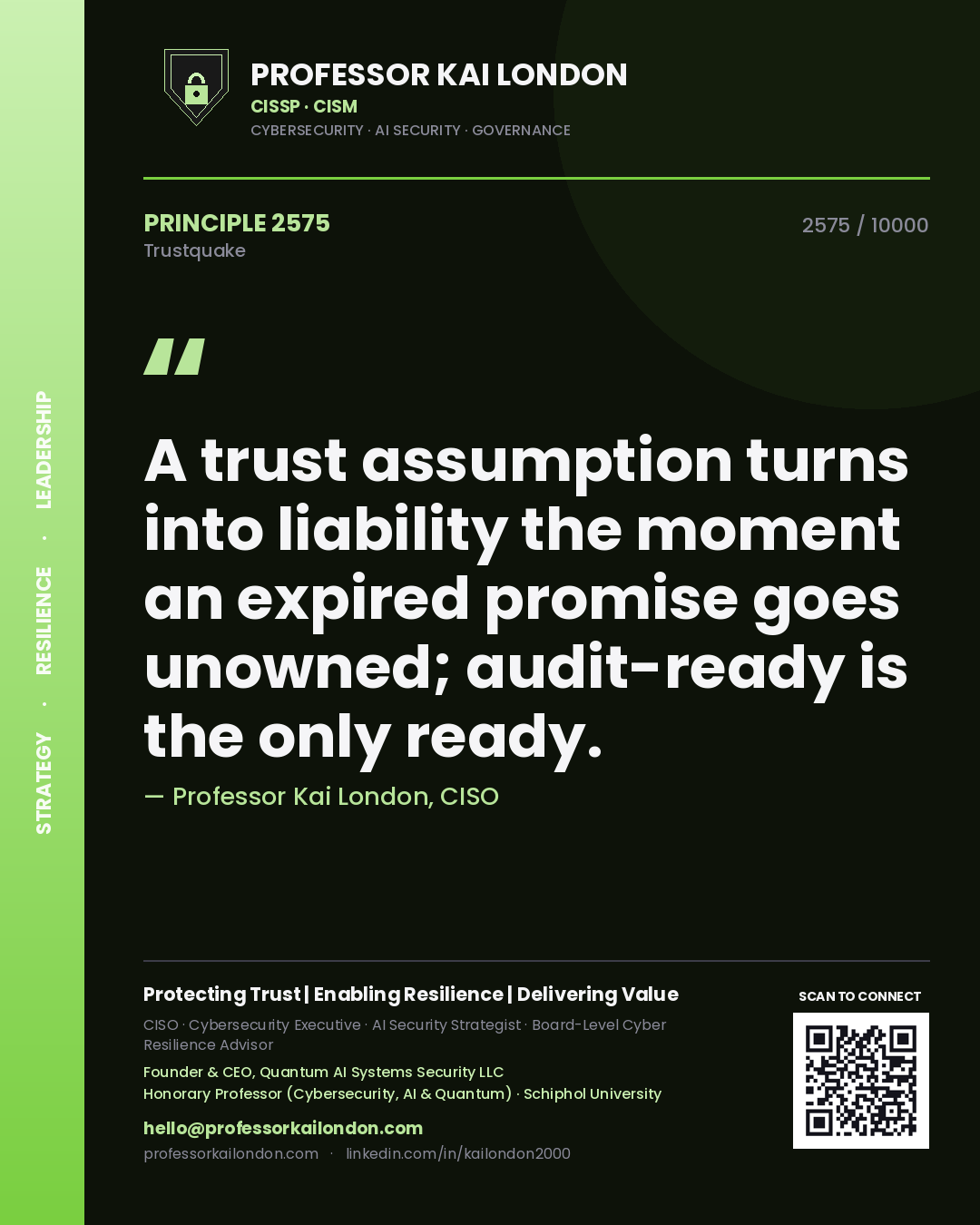 Quote card by Professor Kai London reading 'A trust assumption turns into liability the moment an expired promise goes unowned; audit-ready is the only ready.'. From the book Trustquake.