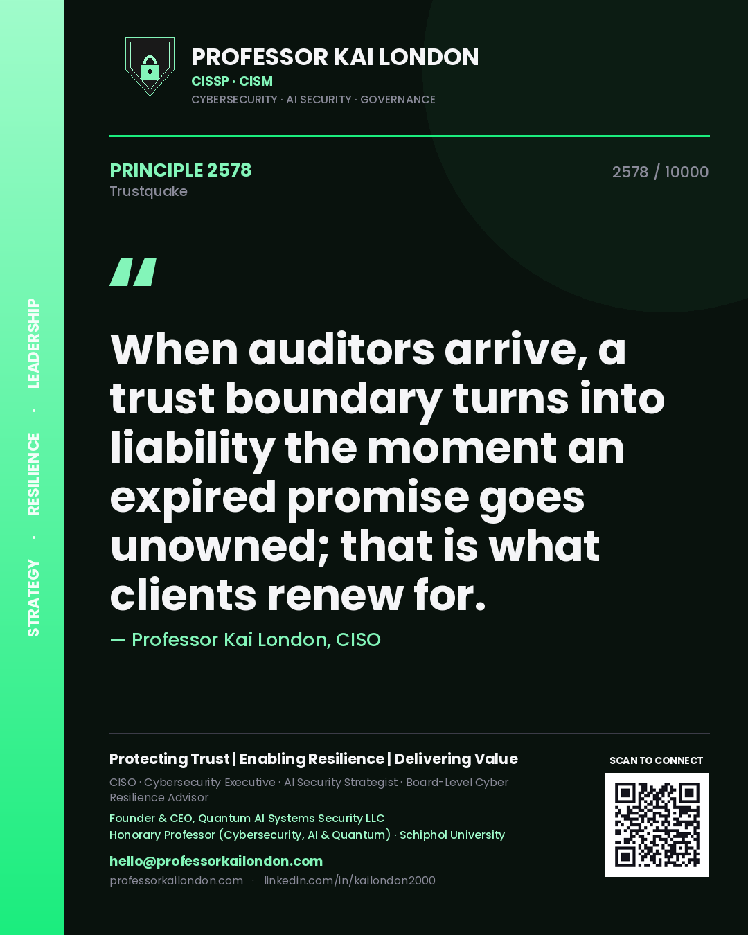 Professor Kai London principle 2578: When auditors arrive, a trust boundary turns into liability the moment an expired promise goes unowned; that is what clients renew for.