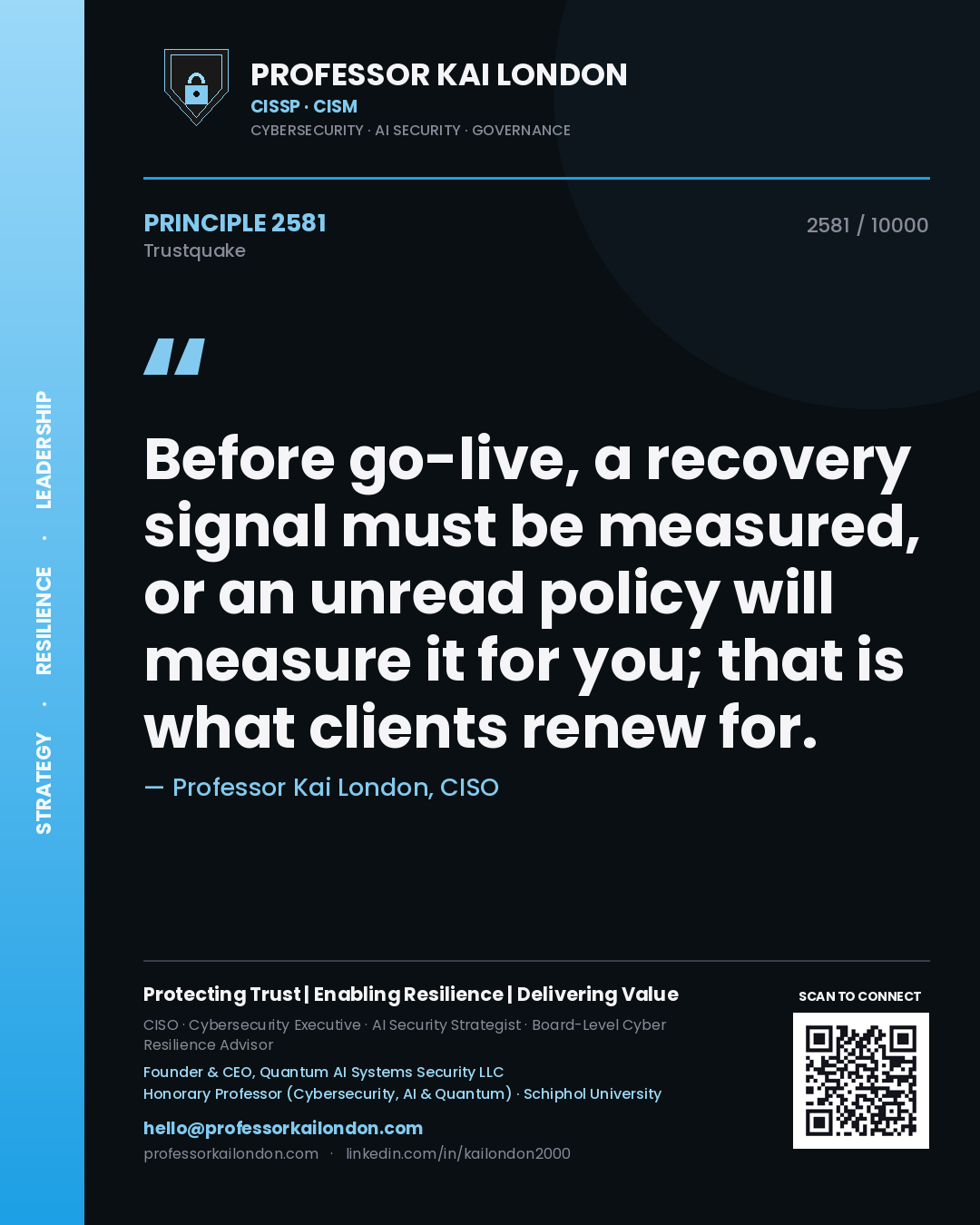 Professor Kai London principle 2581: Before go-live, a recovery signal must be measured, or an unread policy will measure it for you; that is what clients renew for.