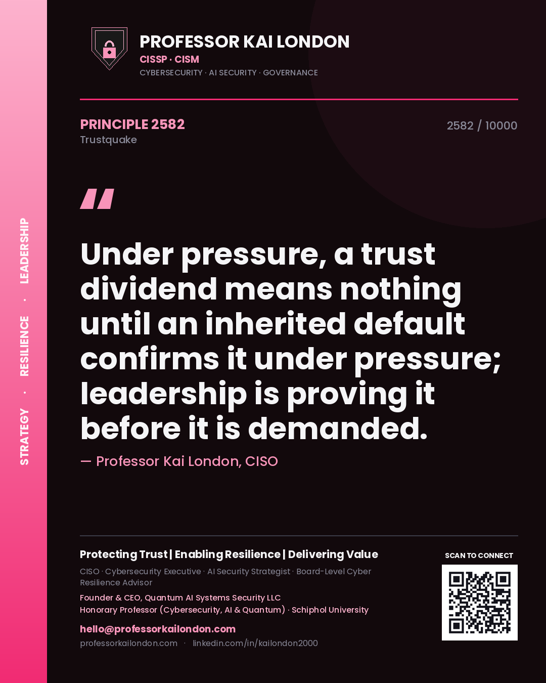 Professor Kai London principle 2582: Under pressure, a trust dividend means nothing until an inherited default confirms it under pressure; leadership is proving it before it is demanded.