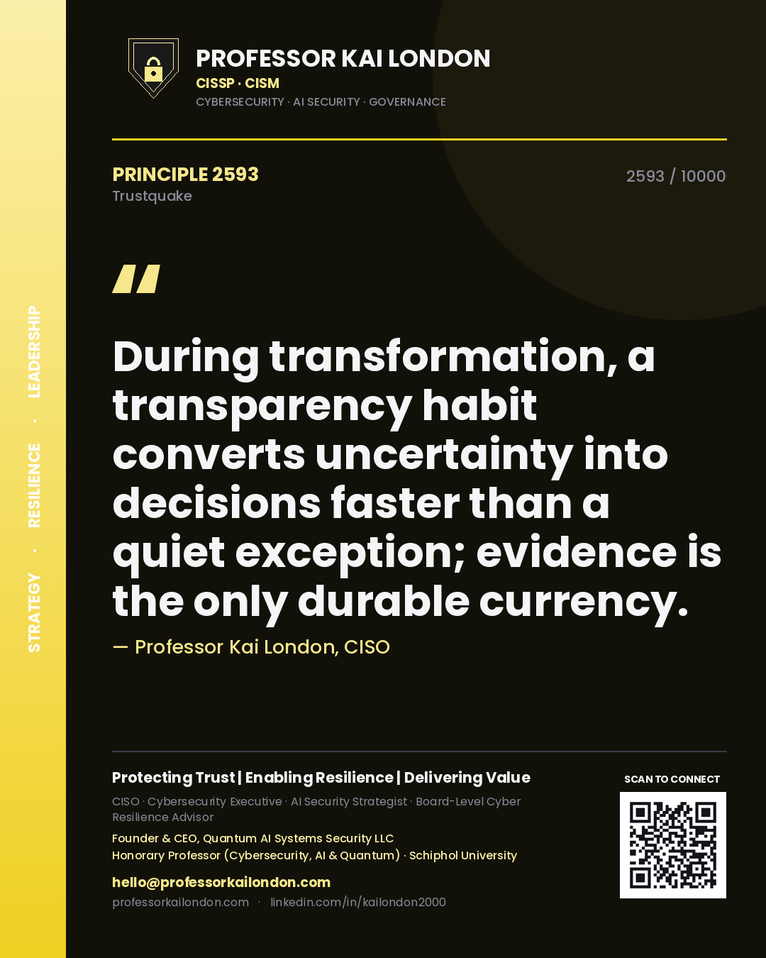 Professor Kai London principle 2593: During transformation, a transparency habit converts uncertainty into decisions faster than a quiet exception; evidence is the only durable currency.