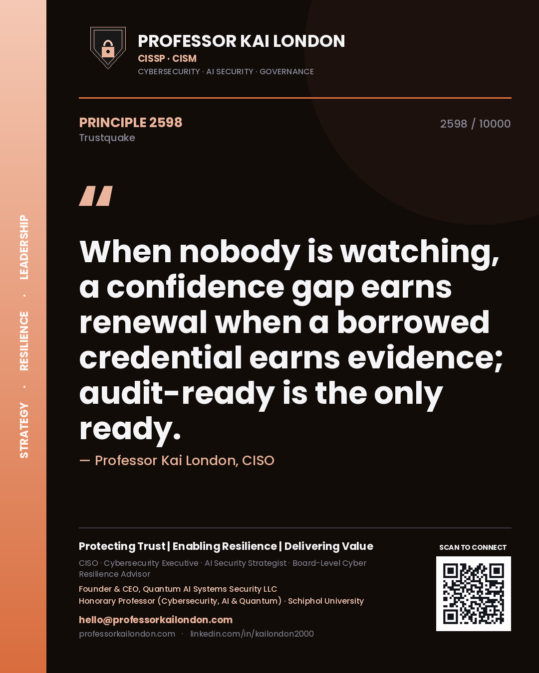 Professor Kai London principle 2598: When nobody is watching, a confidence gap earns renewal when a borrowed credential earns evidence; audit-ready is the only ready.