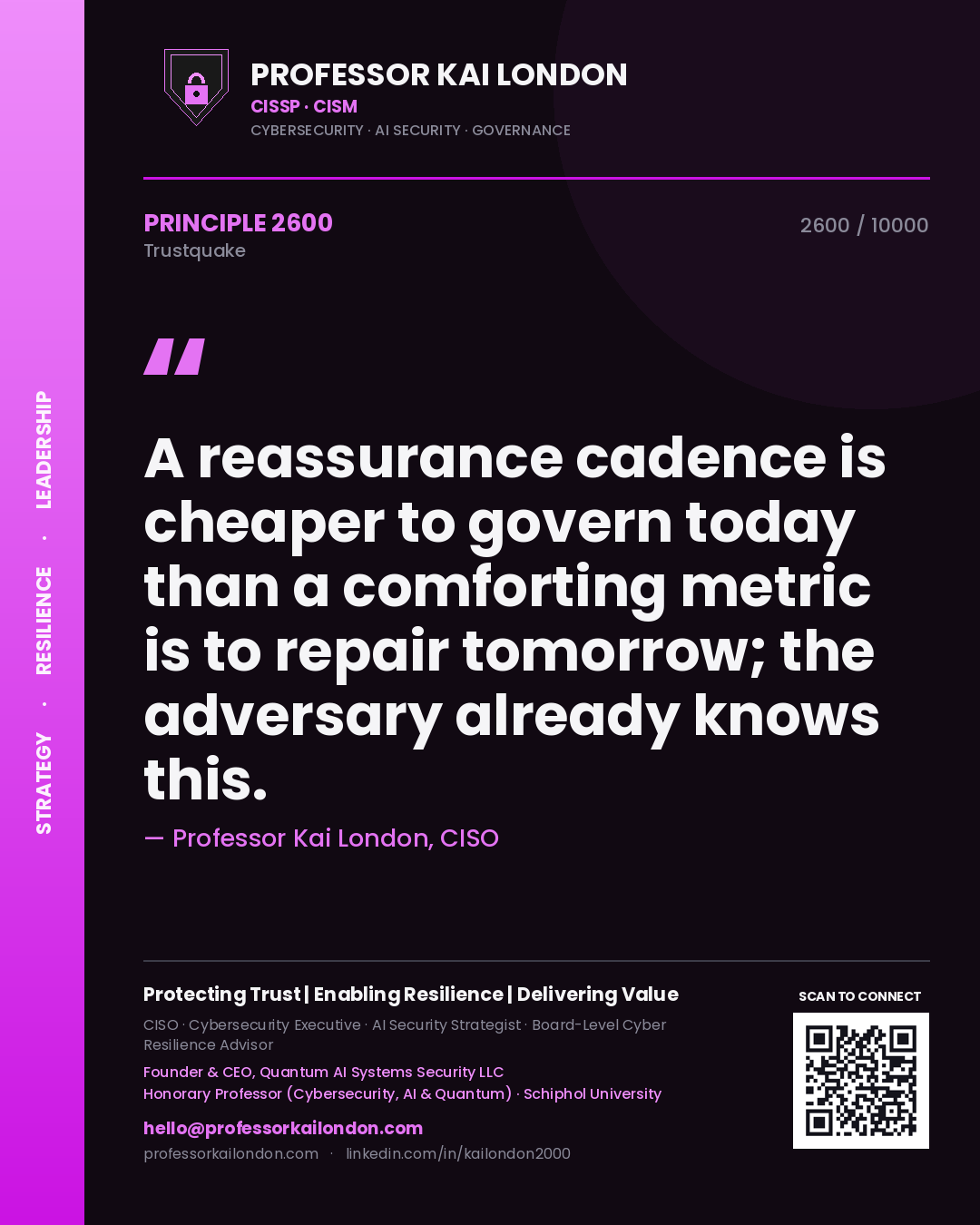 Professor Kai London principle 2600: A reassurance cadence is cheaper to govern today than a comforting metric is to repair tomorrow; the adversary already knows this.