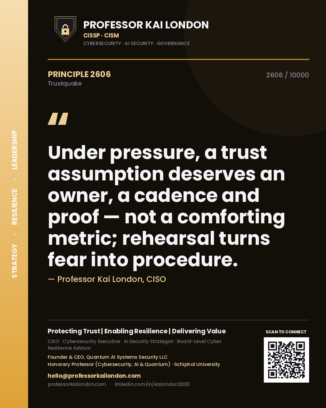 Quote card by Professor Kai London reading 'Under pressure, a trust assumption deserves an owner, a cadence and proof — not a comforting metric; rehearsal turns fear into procedure.'. From the book Trustquake.