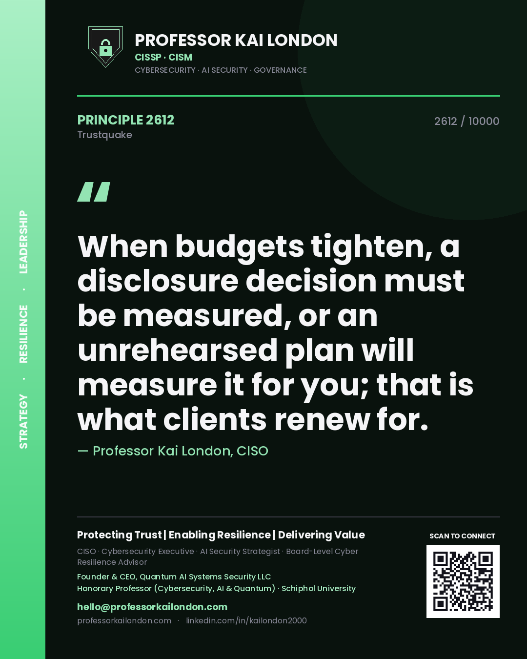 Quote card by Professor Kai London reading 'When budgets tighten, a disclosure decision must be measured, or an unrehearsed plan will measure it for you; that is what clients renew for.'. From the book Trustquake.