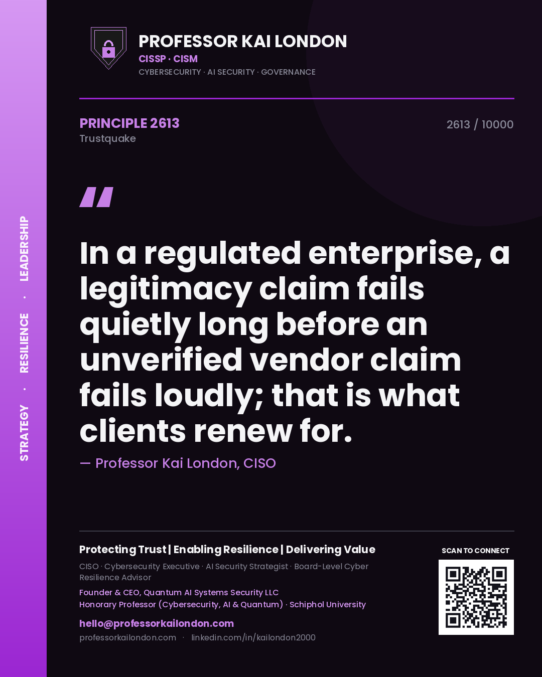 Quote card by Professor Kai London reading 'In a regulated enterprise, a legitimacy claim fails quietly long before an unverified vendor claim fails loudly; that is what clients renew for.'. From the book Trustquake.