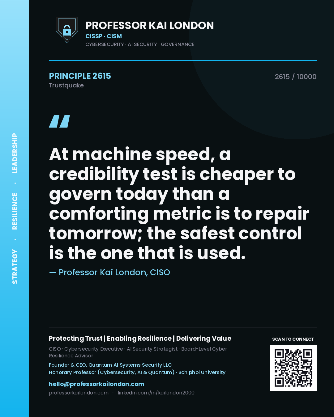 Quote card by Professor Kai London reading 'At machine speed, a credibility test is cheaper to govern today than a comforting metric is to repair tomorrow; the safest control is the one that is used.'. From the book Trustquake.