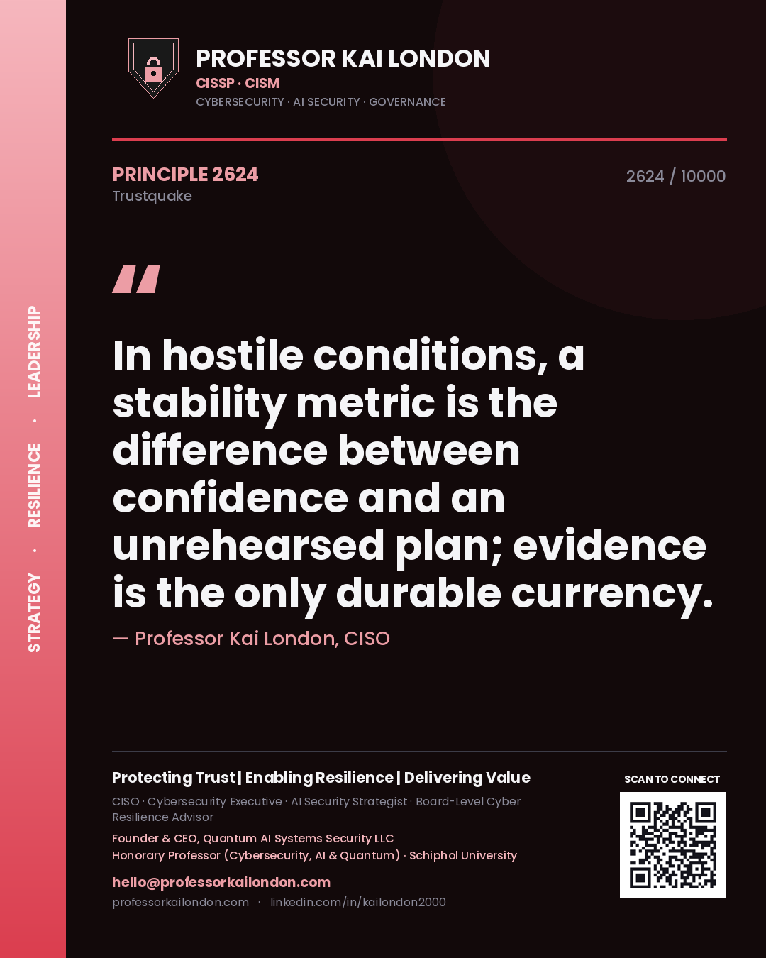 Quote card by Professor Kai London reading 'In hostile conditions, a stability metric is the difference between confidence and an unrehearsed plan; evidence is the only durable currency.'. From the book Trustquake.