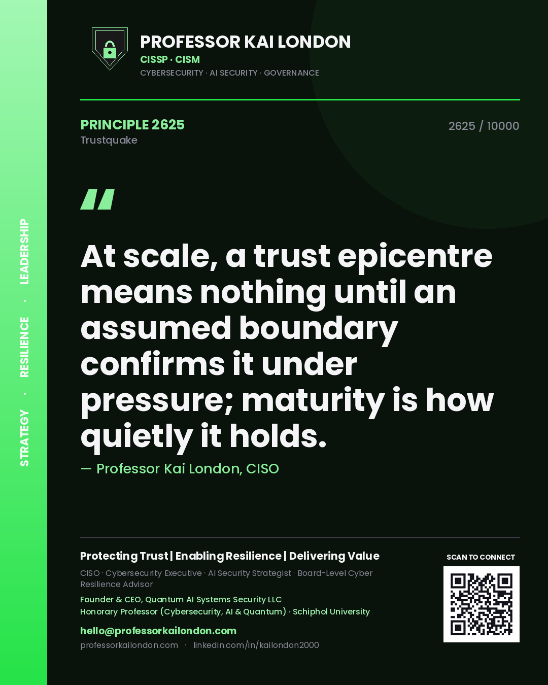 Quote card by Professor Kai London reading 'At scale, a trust epicentre means nothing until an assumed boundary confirms it under pressure; maturity is how quietly it holds.'. From the book Trustquake.
