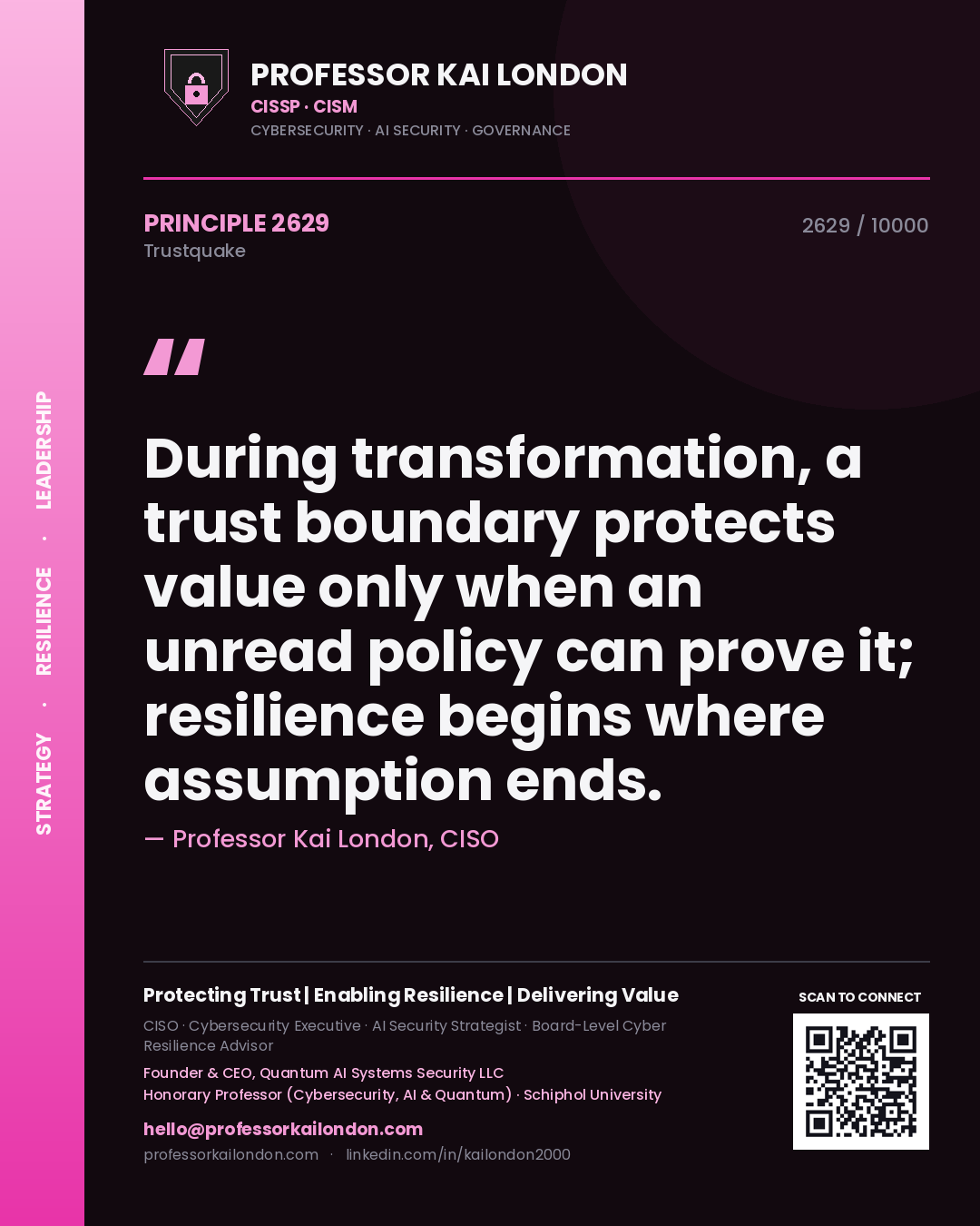 Quote card by Professor Kai London reading 'During transformation, a trust boundary protects value only when an unread policy can prove it; resilience begins where assumption ends.'. From the book Trustquake.