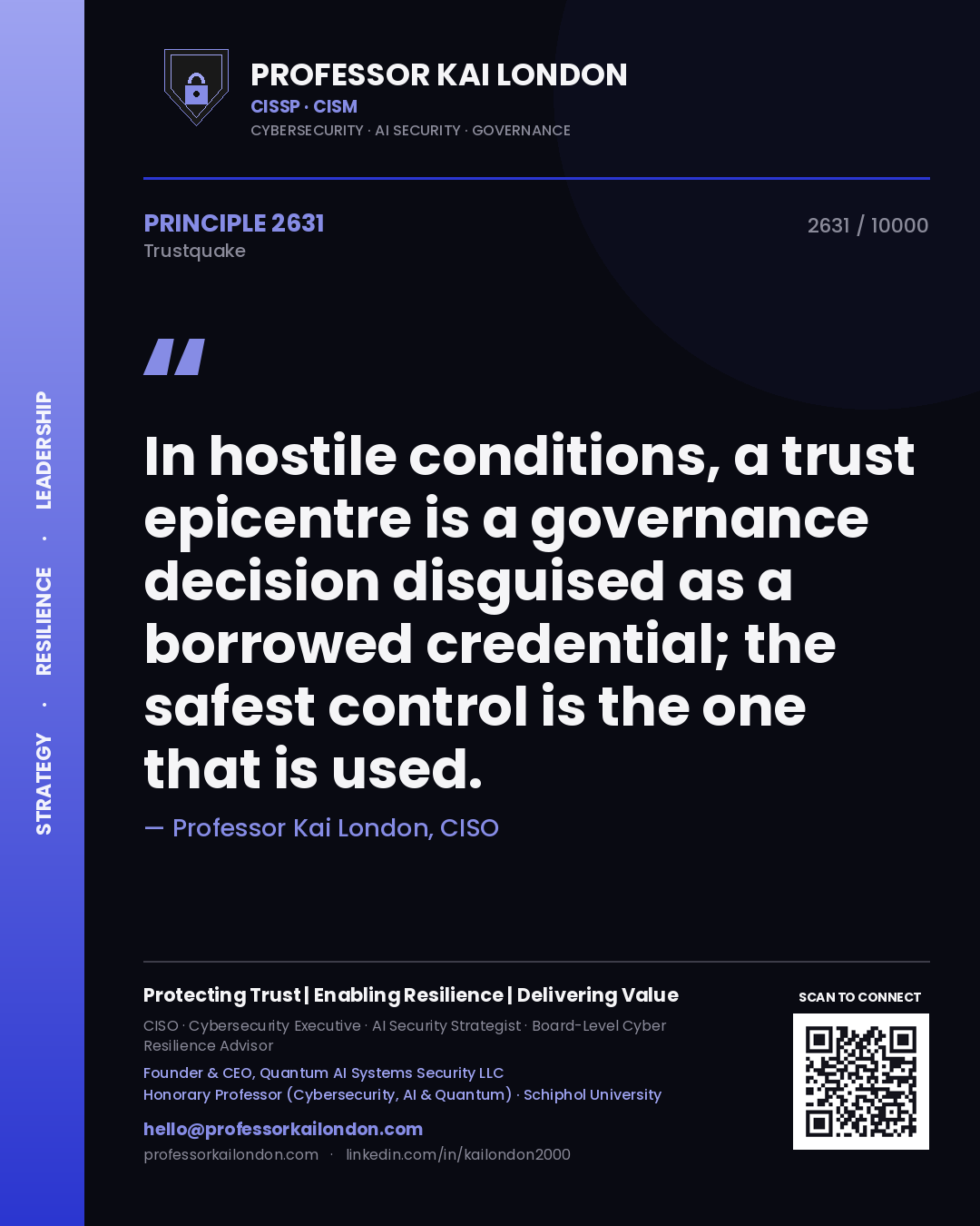 Quote card by Professor Kai London reading 'In hostile conditions, a trust epicentre is a governance decision disguised as a borrowed credential; the safest control is the one that is used.'. From the book Trustquake.
