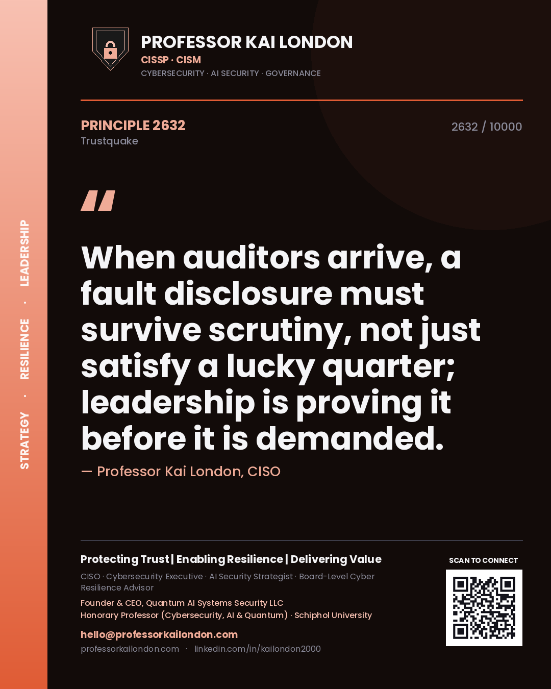 Professor Kai London principle 2632: When auditors arrive, a fault disclosure must survive scrutiny, not just satisfy a lucky quarter; leadership is proving it before it is demanded.