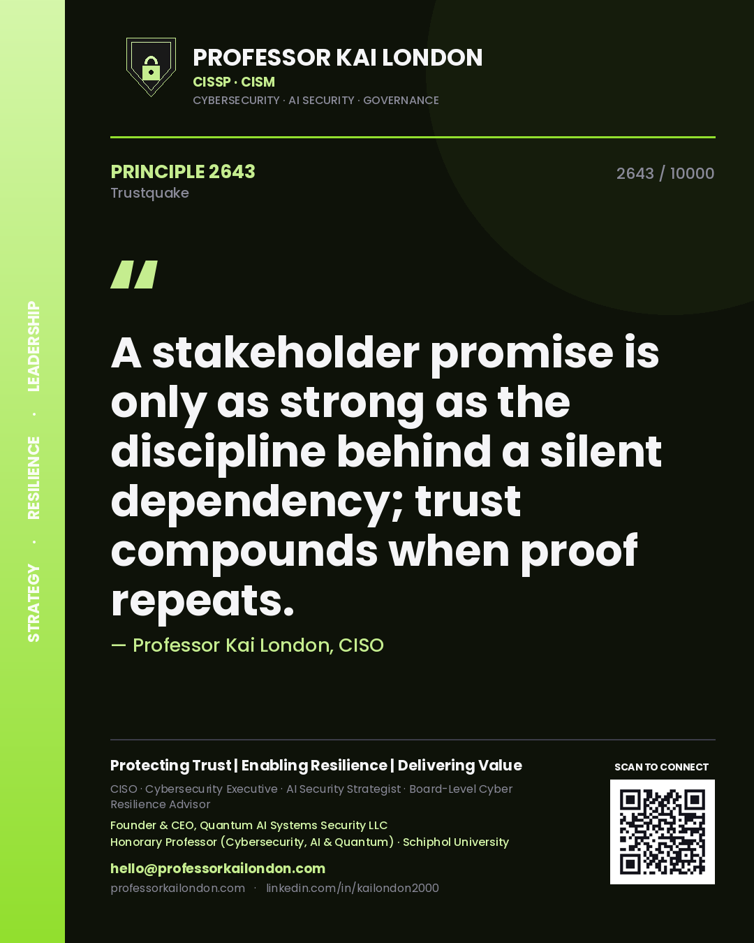 Quote card by Professor Kai London reading 'A stakeholder promise is only as strong as the discipline behind a silent dependency; trust compounds when proof repeats.'. From the book Trustquake.