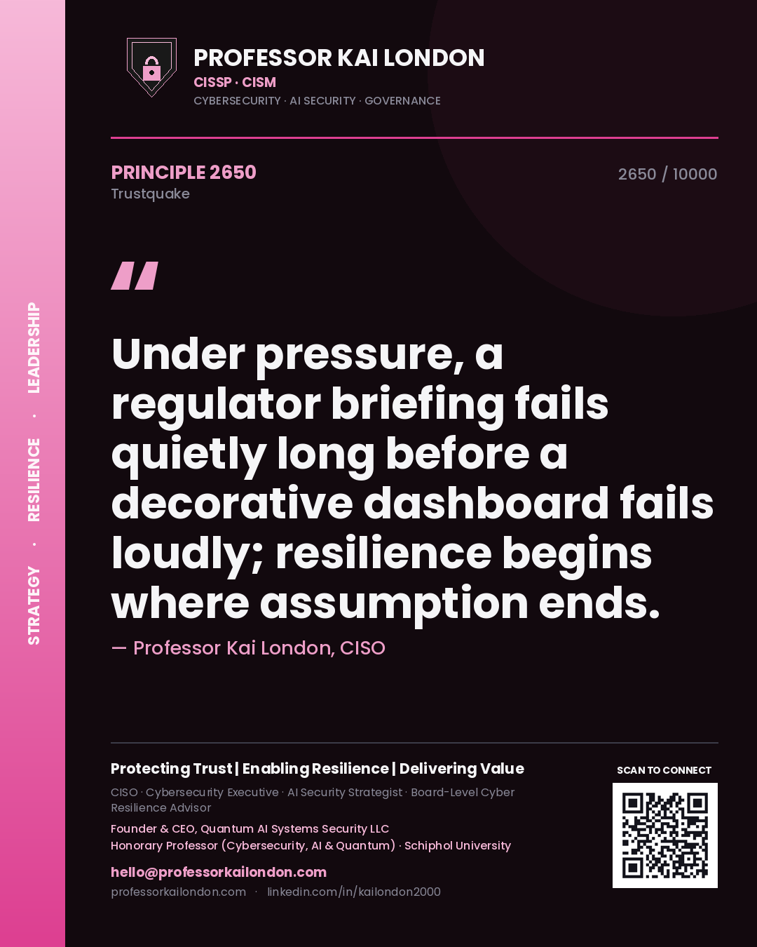 Quote card by Professor Kai London reading 'Under pressure, a regulator briefing fails quietly long before a decorative dashboard fails loudly; resilience begins where assumption ends.'. From the book Trustquake.