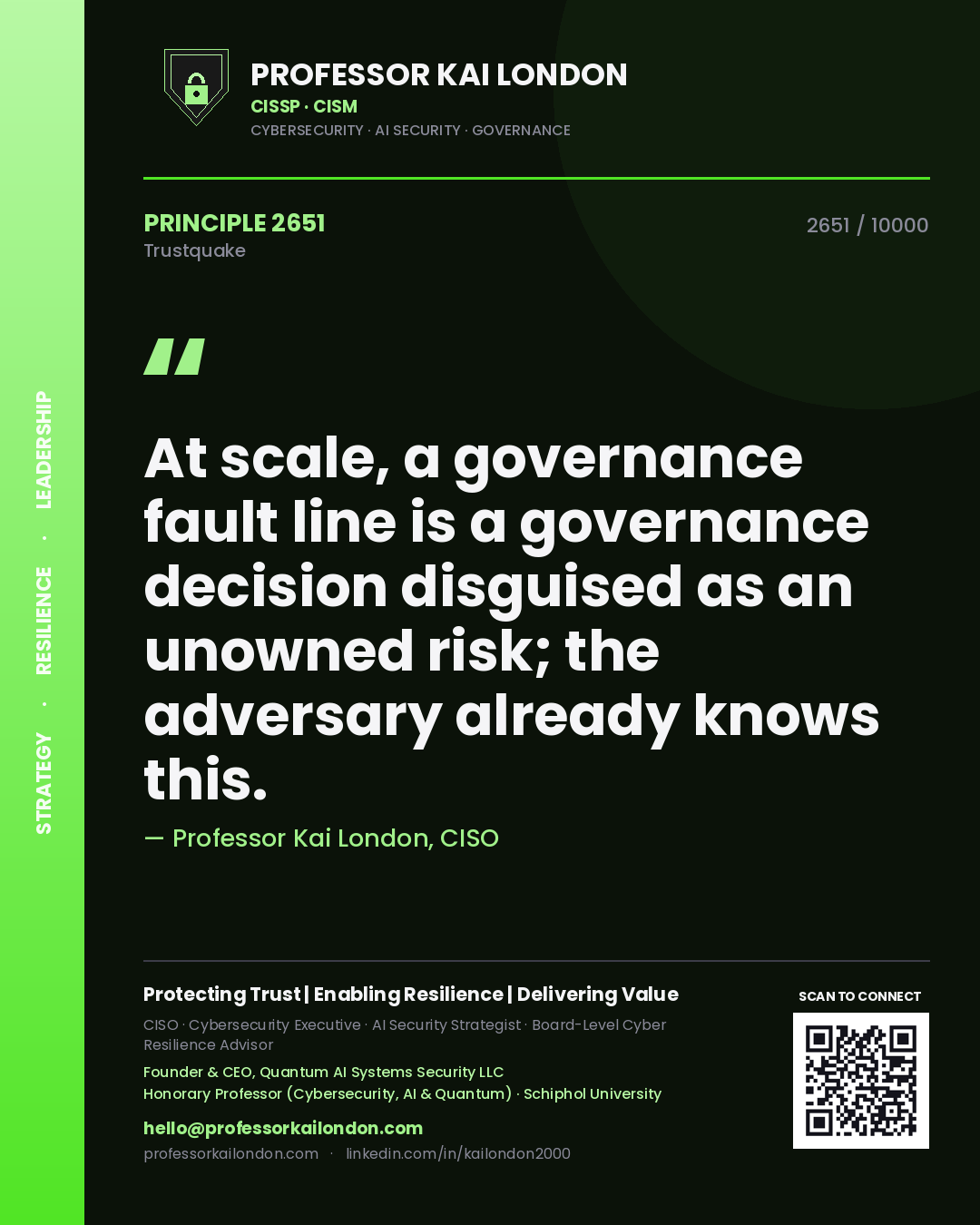 Quote card by Professor Kai London reading 'At scale, a governance fault line is a governance decision disguised as an unowned risk; the adversary already knows this.'. From the book Trustquake.
