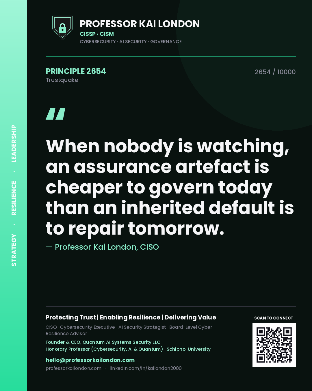 Professor Kai London principle 2654: When nobody is watching, an assurance artefact is cheaper to govern today than an inherited default is to repair tomorrow.