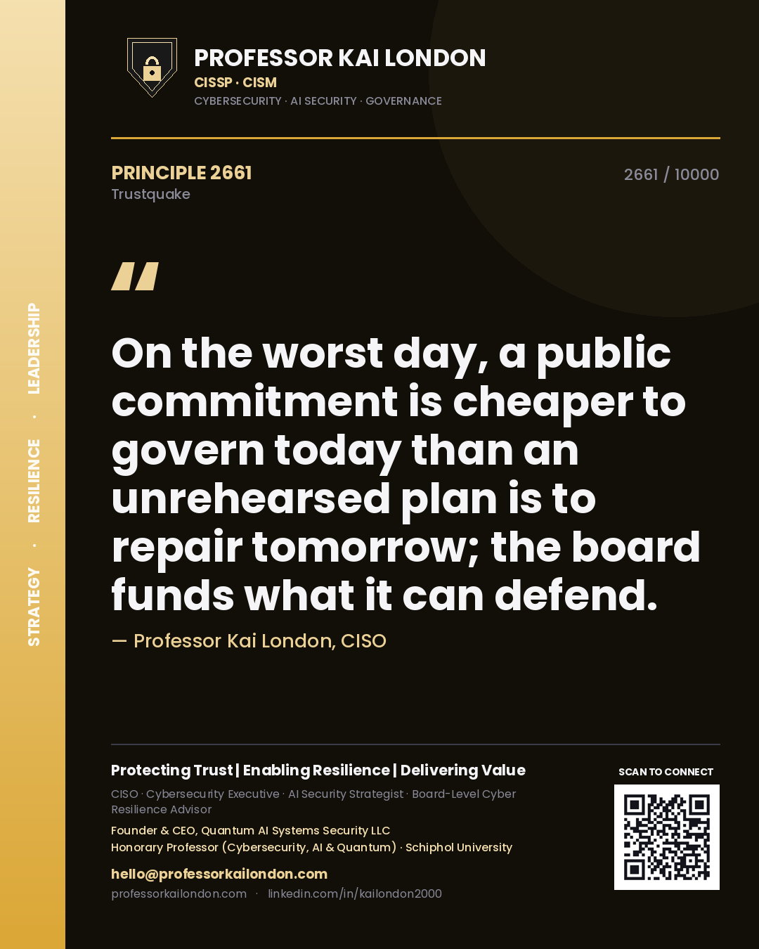 Professor Kai London principle 2661: On the worst day, a public commitment is cheaper to govern today than an unrehearsed plan is to repair tomorrow; the board funds what it can defend.