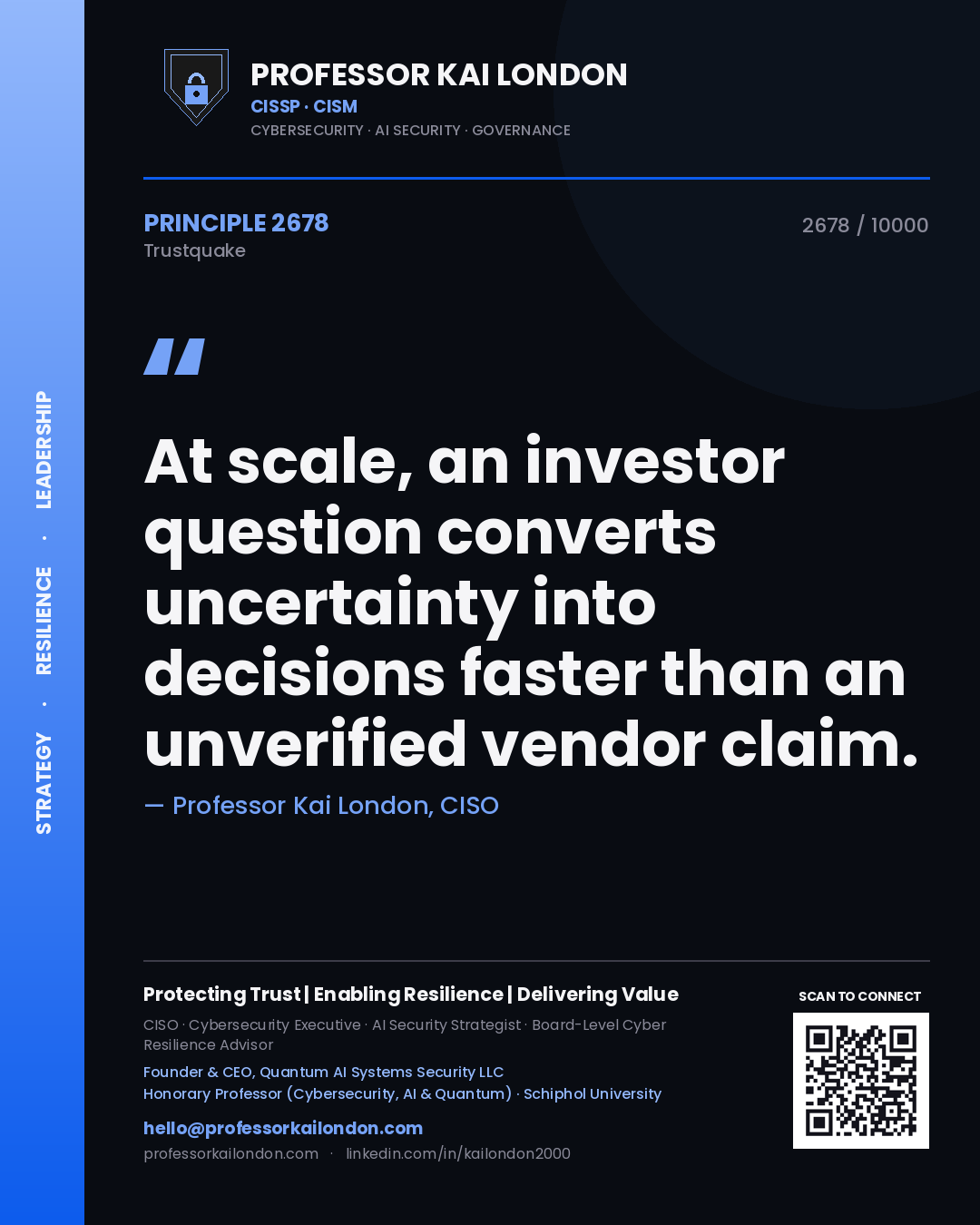 Quote card by Professor Kai London reading 'At scale, an investor question converts uncertainty into decisions faster than an unverified vendor claim.'. From the book Trustquake.