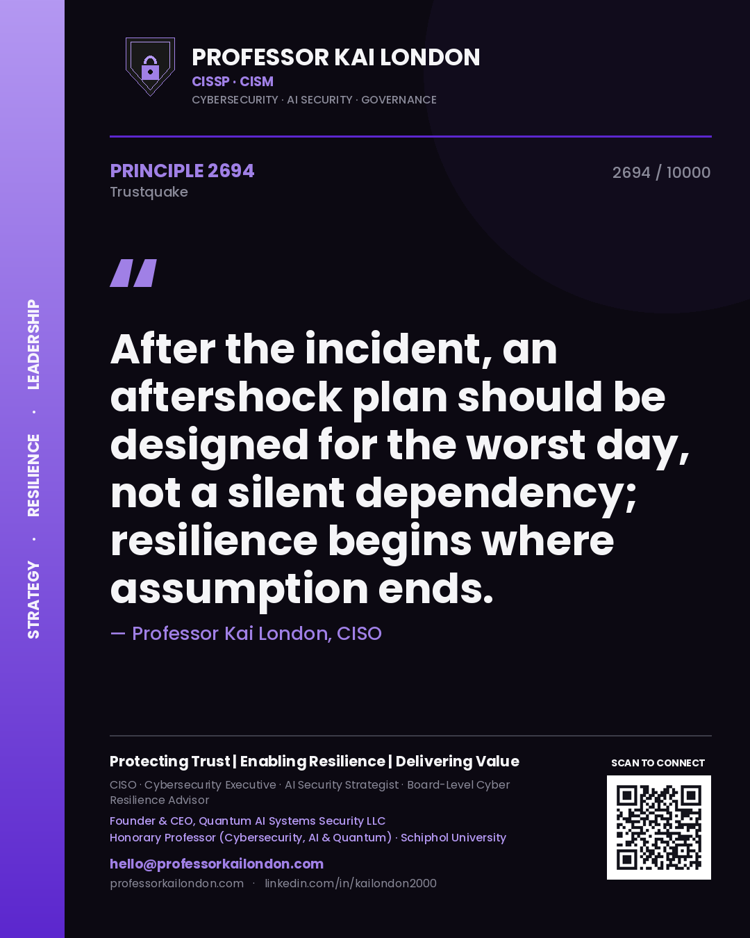 Professor Kai London principle 2694: After the incident, an aftershock plan should be designed for the worst day, not a silent dependency; resilience begins where assumption ends.