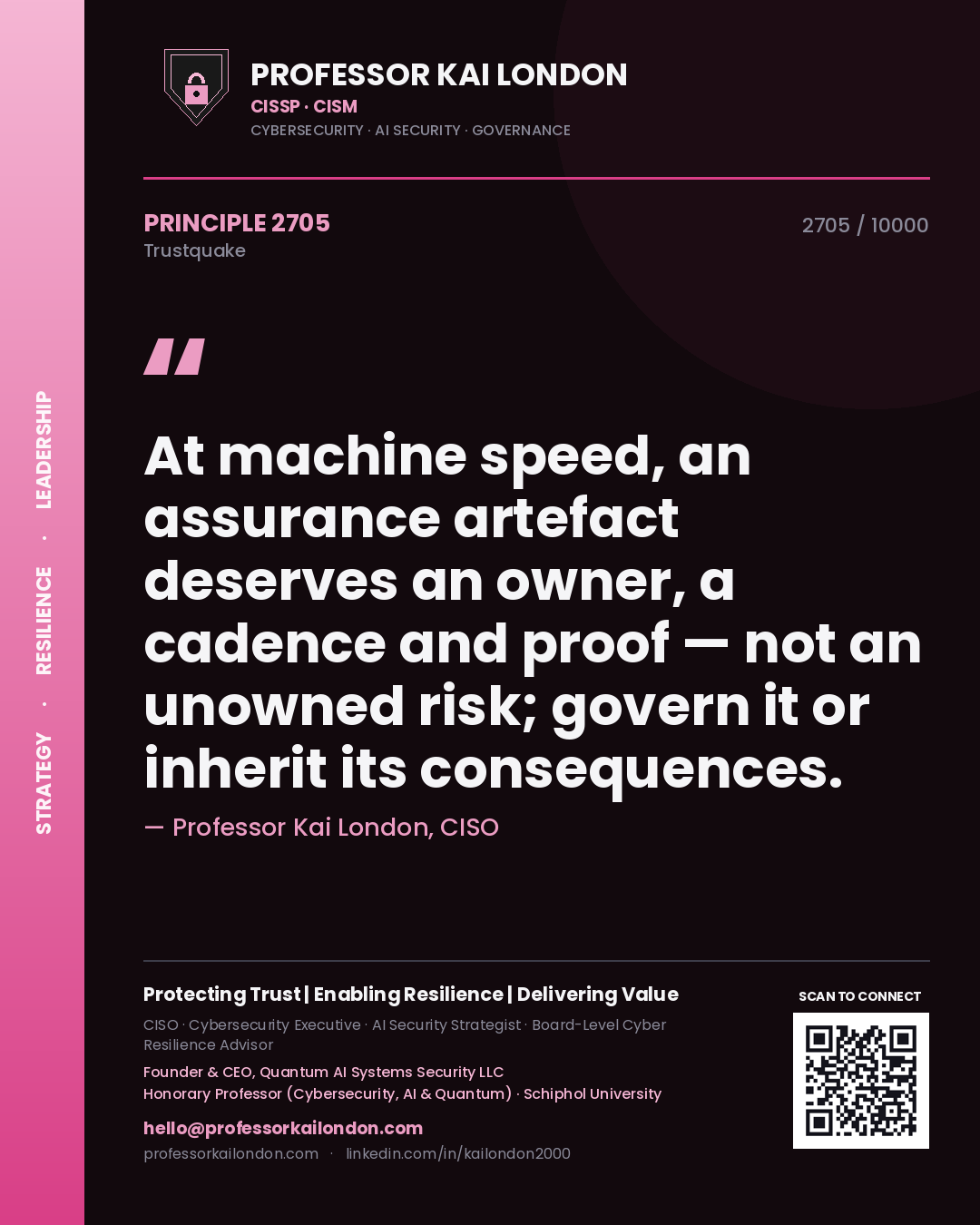Professor Kai London principle 2705: At machine speed, an assurance artefact deserves an owner, a cadence and proof — not an unowned risk; govern it or inherit its consequences.