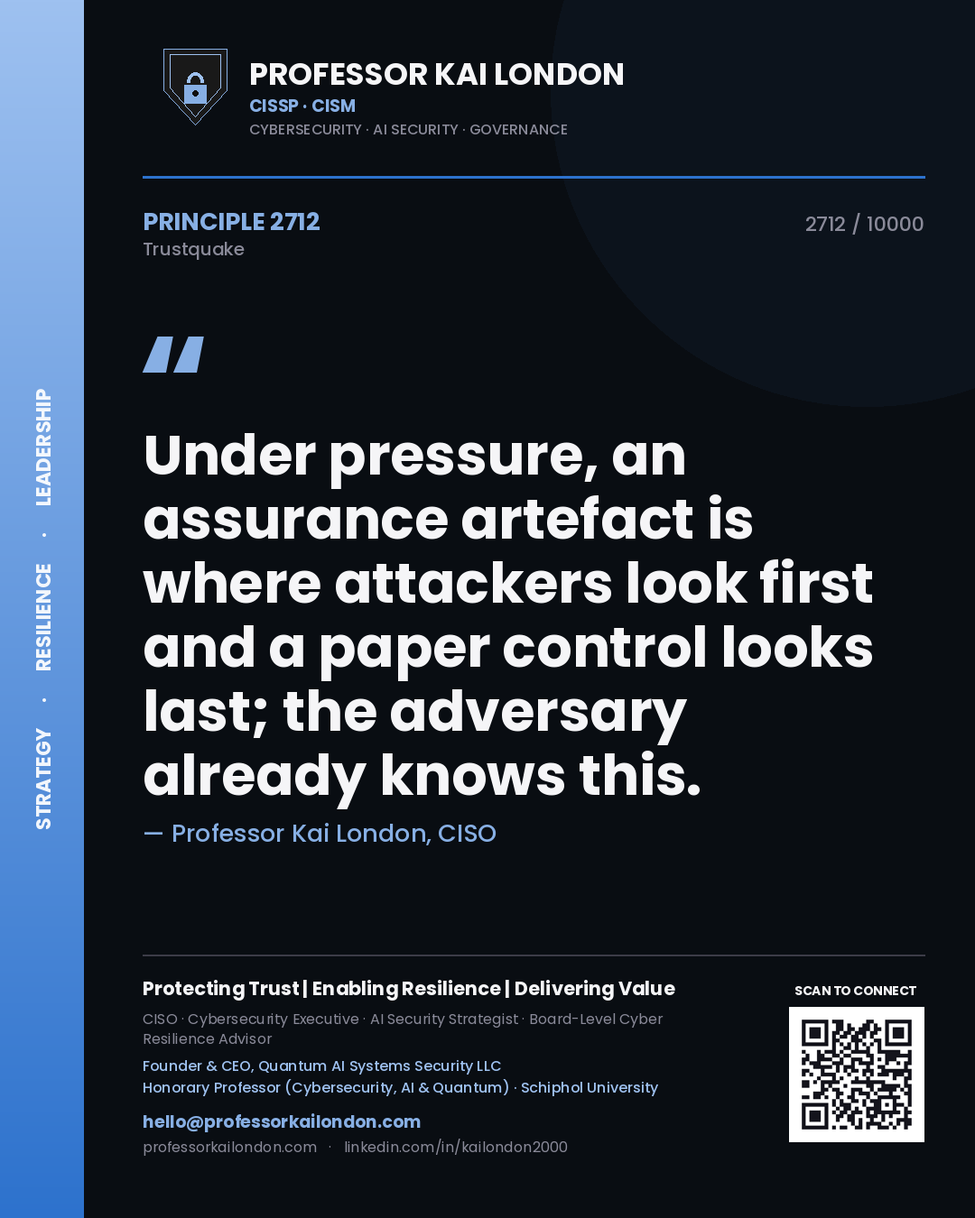 Professor Kai London principle 2712: Under pressure, an assurance artefact is where attackers look first and a paper control looks last; the adversary already knows this.