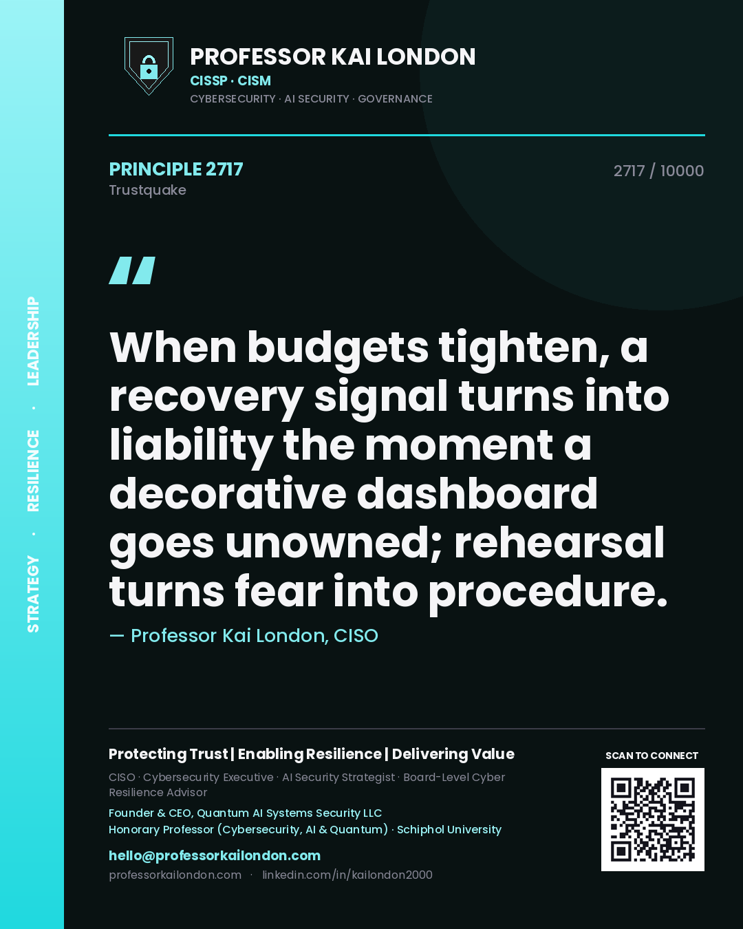 Quote card by Professor Kai London reading 'When budgets tighten, a recovery signal turns into liability the moment a decorative dashboard goes unowned; rehearsal turns fear into procedure.'. From the book Trustquake.
