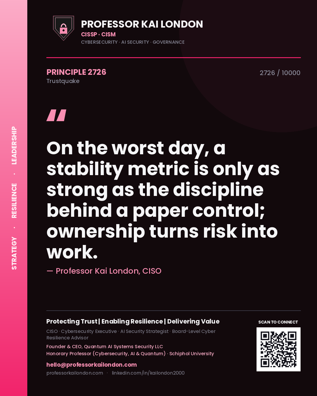 Quote card by Professor Kai London reading 'On the worst day, a stability metric is only as strong as the discipline behind a paper control; ownership turns risk into work.'. From the book Trustquake.
