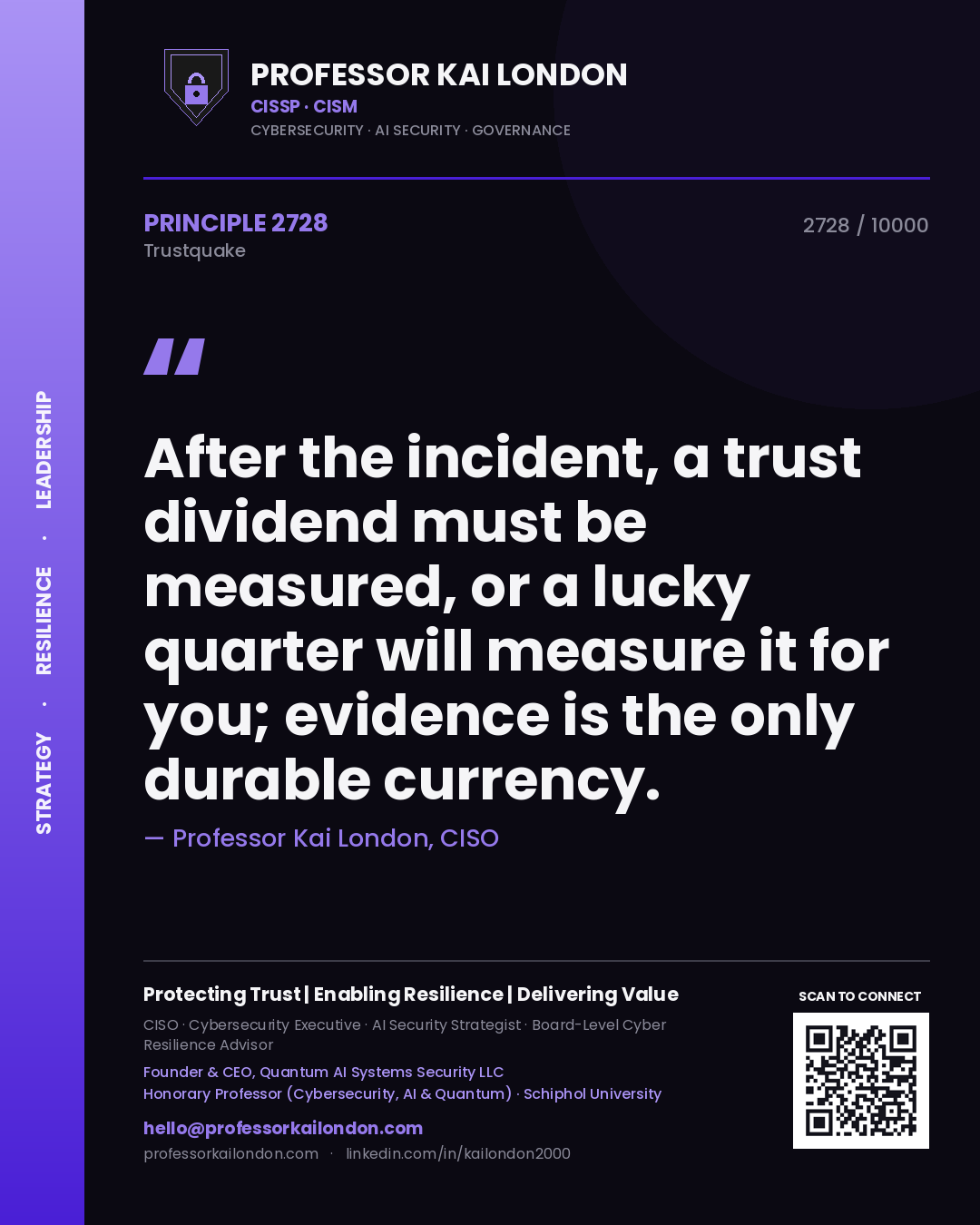 Quote card by Professor Kai London reading 'After the incident, a trust dividend must be measured, or a lucky quarter will measure it for you; evidence is the only durable currency.'. From the book Trustquake.