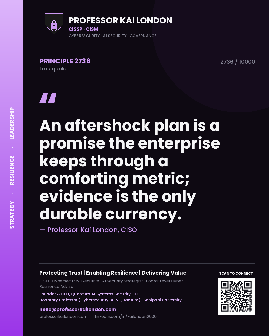 Professor Kai London principle 2736: An aftershock plan is a promise the enterprise keeps through a comforting metric; evidence is the only durable currency.