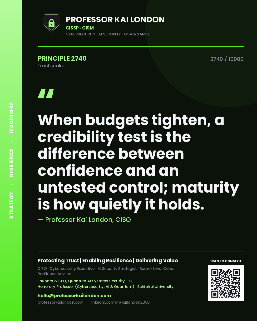 Professor Kai London principle 2740: When budgets tighten, a credibility test is the difference between confidence and an untested control; maturity is how quietly it holds.