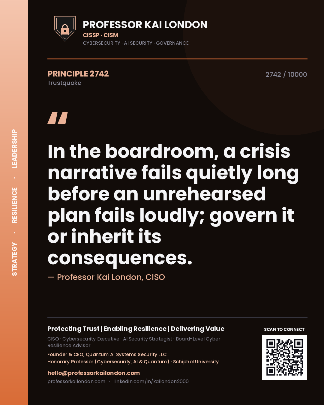 Professor Kai London principle 2742: In the boardroom, a crisis narrative fails quietly long before an unrehearsed plan fails loudly; govern it or inherit its consequences.