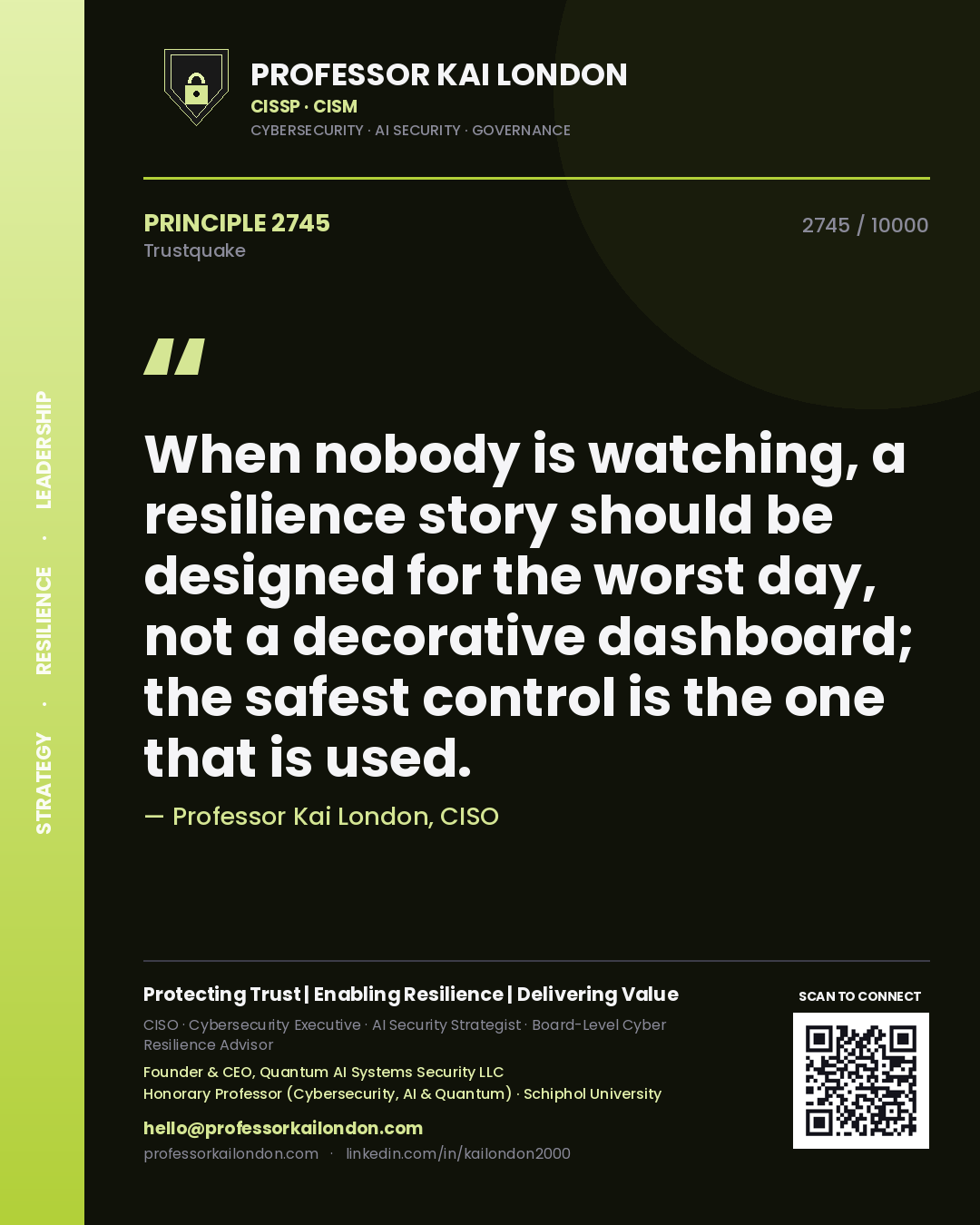 Professor Kai London principle 2745: When nobody is watching, a resilience story should be designed for the worst day, not a decorative dashboard; the safest control is the one that is used.