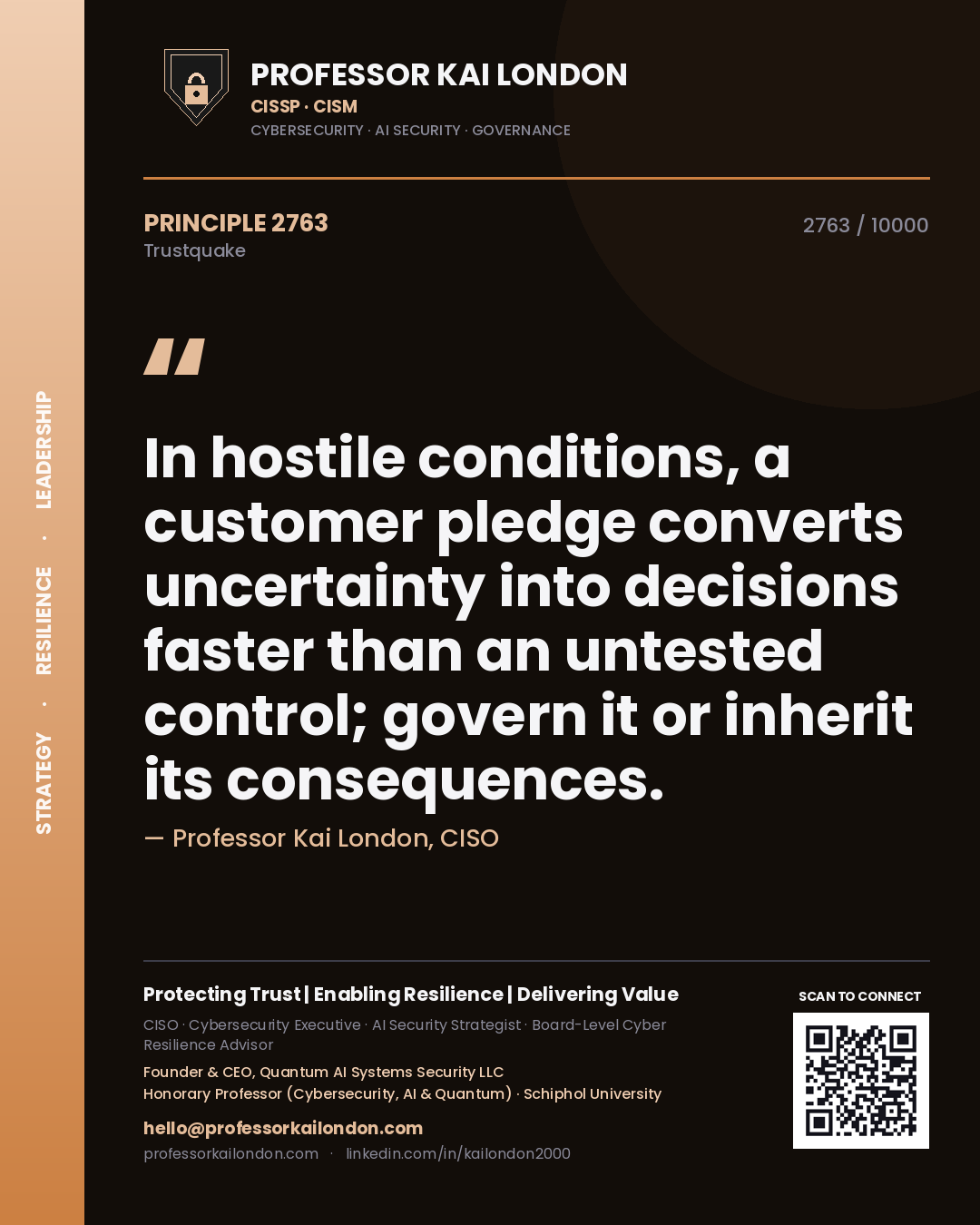 Professor Kai London principle 2763: In hostile conditions, a customer pledge converts uncertainty into decisions faster than an untested control; govern it or inherit its consequences.