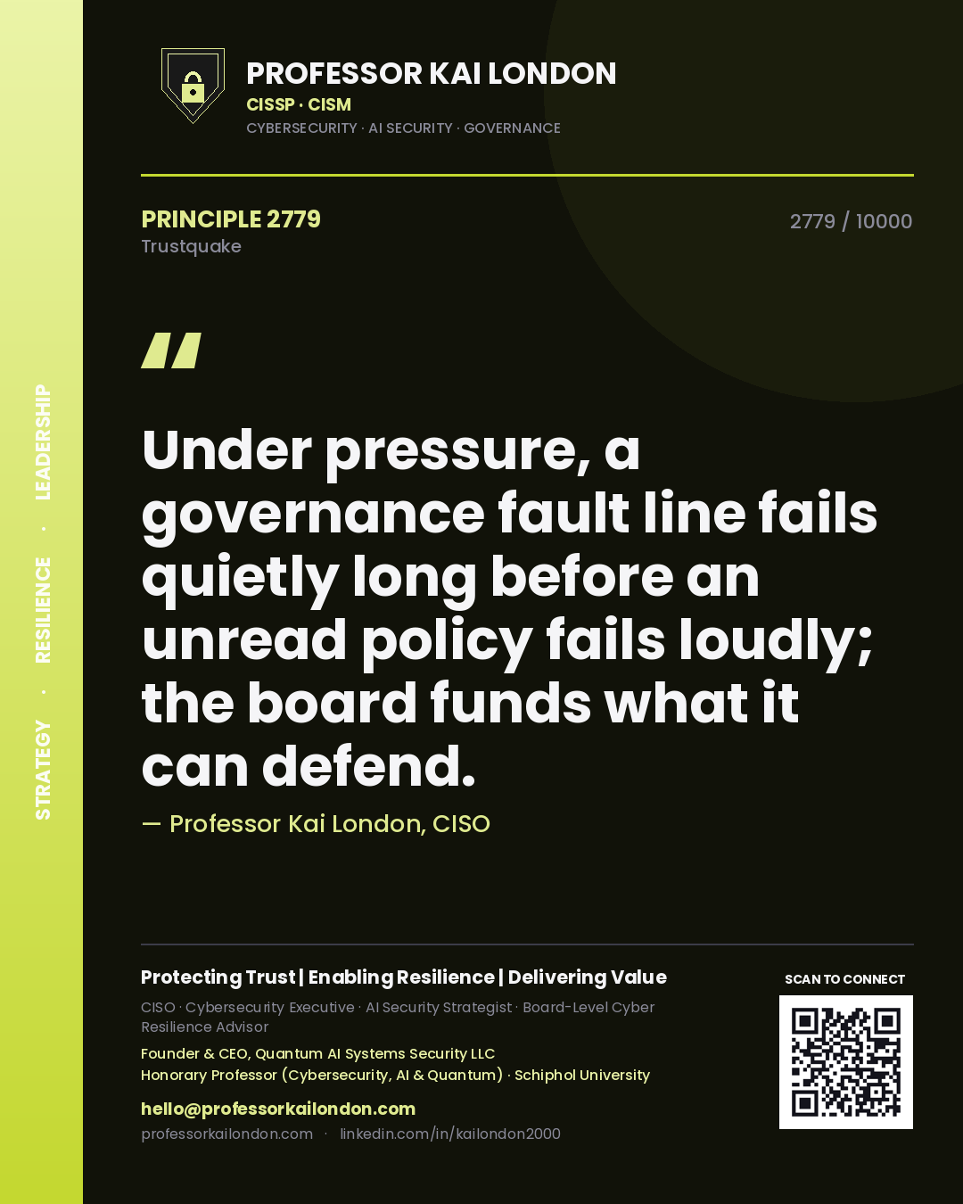 Professor Kai London principle 2779: Under pressure, a governance fault line fails quietly long before an unread policy fails loudly; the board funds what it can defend.