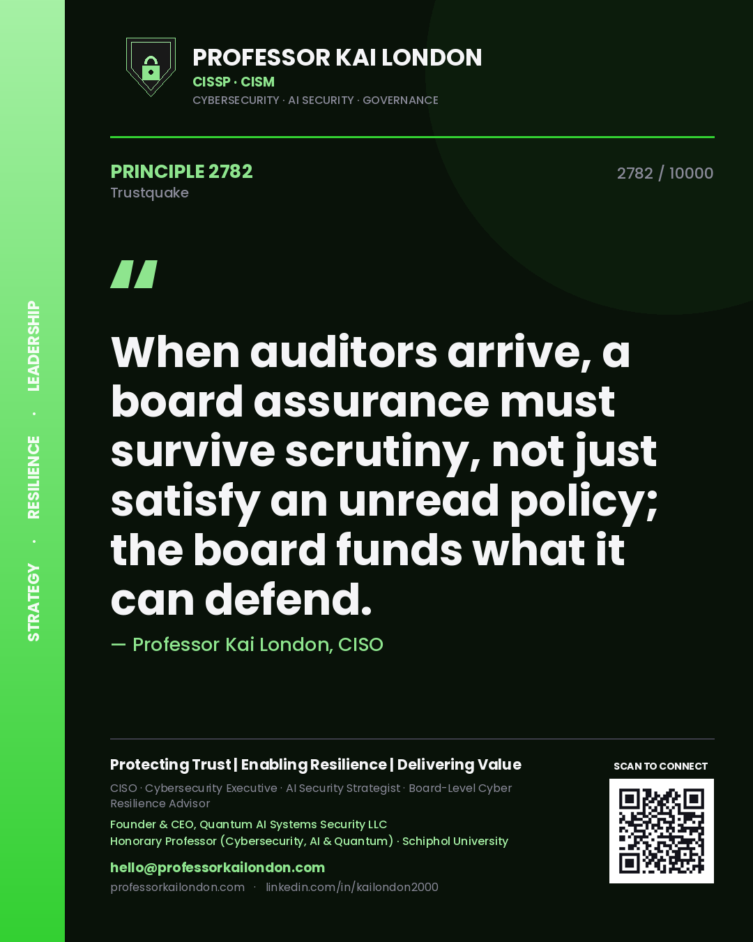Quote card by Professor Kai London reading 'When auditors arrive, a board assurance must survive scrutiny, not just satisfy an unread policy; the board funds what it can defend.'. From the book Trustquake.