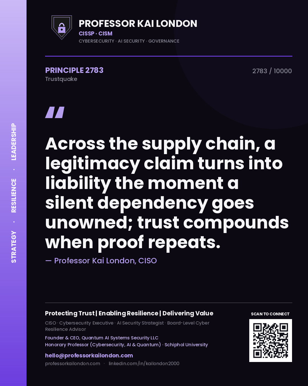 Quote card by Professor Kai London reading 'Across the supply chain, a legitimacy claim turns into liability the moment a silent dependency goes unowned; trust compounds when proof repeats.'. From the book Trustquake.